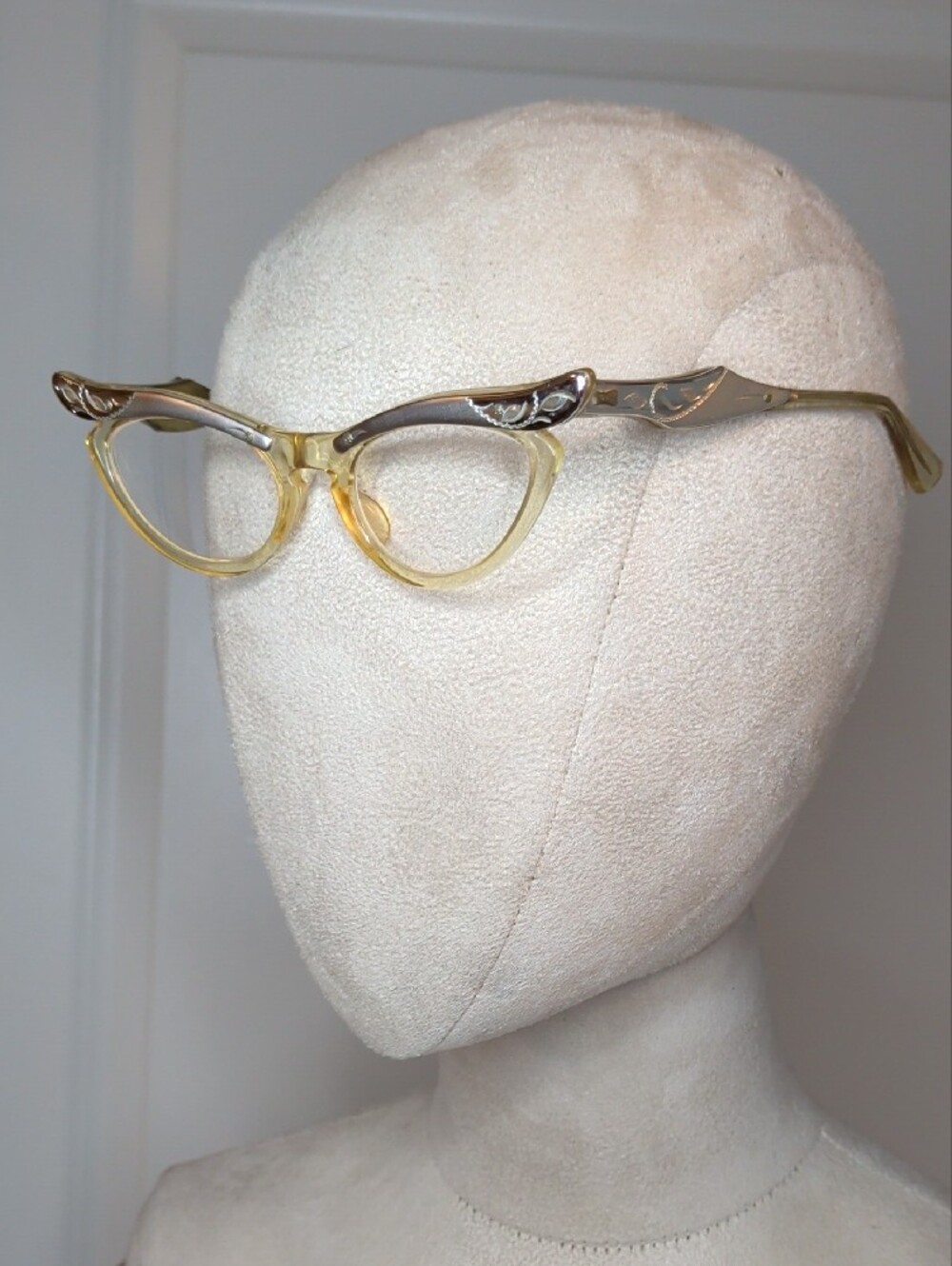 Vintage 1950s Women's Cateye Glasses Silver Etched Clear Frame By Marine